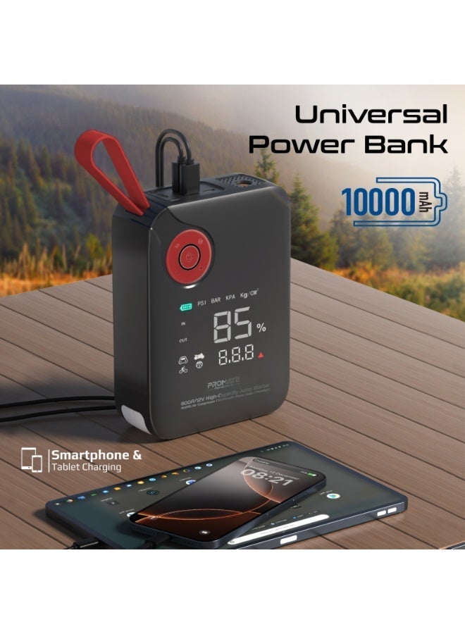 Promate 800A Car Jump Starter with 150PSI Air Compressor, 10.000mAh Power Bank, LED Flashlight, Dual USB & Type-C Input – 4-in-1 Emergency Starter Kit for Cars, SUVs, Motorcycles - Image 5