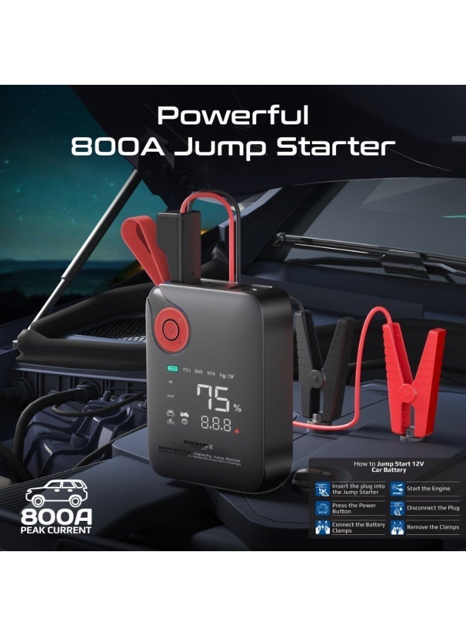 Promate 800A Car Jump Starter with 150PSI Air Compressor, 10.000mAh Power Bank, LED Flashlight, Dual USB & Type-C Input – 4-in-1 Emergency Starter Kit for Cars, SUVs, Motorcycles - Image 2
