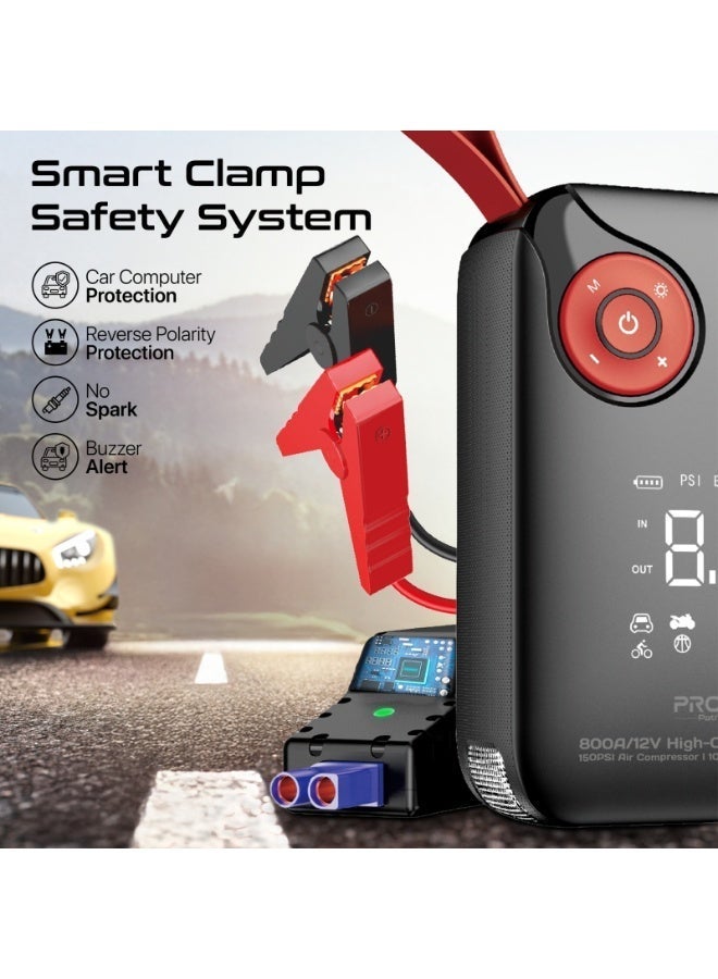 Promate 800A Car Jump Starter with 150PSI Air Compressor, 10.000mAh Power Bank, LED Flashlight, Dual USB & Type-C Input – 4-in-1 Emergency Starter Kit for Cars, SUVs, Motorcycles - Image 3