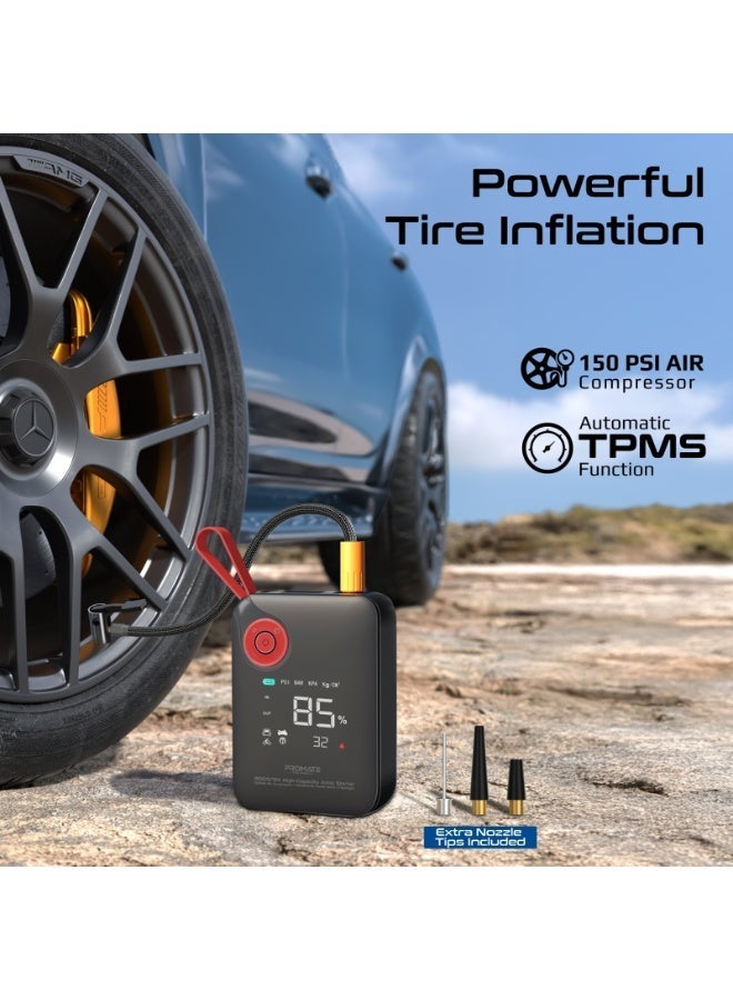 Promate 800A Car Jump Starter with 150PSI Air Compressor, 10.000mAh Power Bank, LED Flashlight, Dual USB & Type-C Input – 4-in-1 Emergency Starter Kit for Cars, SUVs, Motorcycles - Image 4
