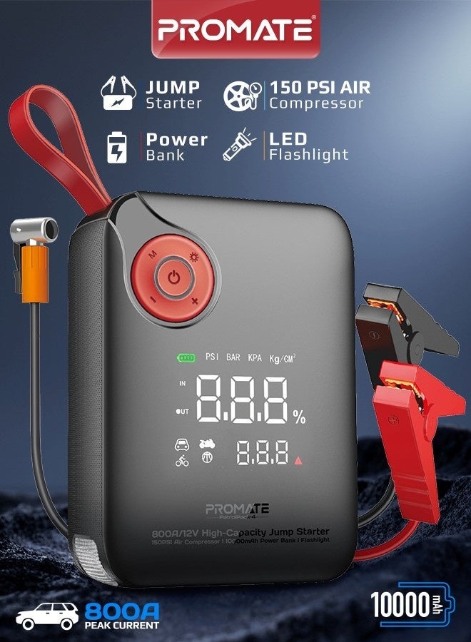 Promate 800A Car Jump Starter with 150PSI Air Compressor, 10.000mAh Power Bank, LED Flashlight, Dual USB & Type-C Input – 4-in-1 Emergency Starter Kit for Cars, SUVs, Motorcycles - Image 1