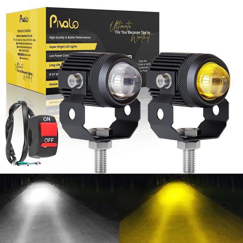 Pivalo 9V-36V DC Metal Body Fog Light with Projector Lens & Handlebar Switch, 40W LED Driving Lamp, 3000LM Temperature, Universal Spot Beam for Motorcycles, Scooters, Cars (Yellow/White,Pack of 2) - Image 1