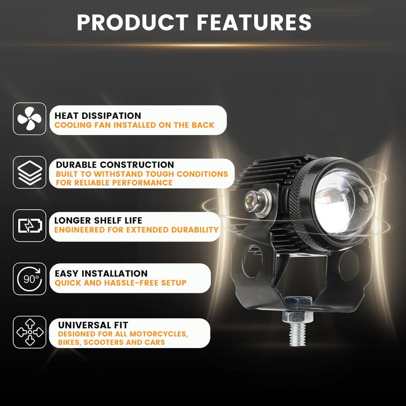 Pivalo 9V-36V DC Metal Body Fog Light with Projector Lens & Handlebar Switch, 40W LED Driving Lamp, 3000LM Temperature, Universal Spot Beam for Motorcycles, Scooters, Cars (Yellow/White,Pack of 2) - Image 3