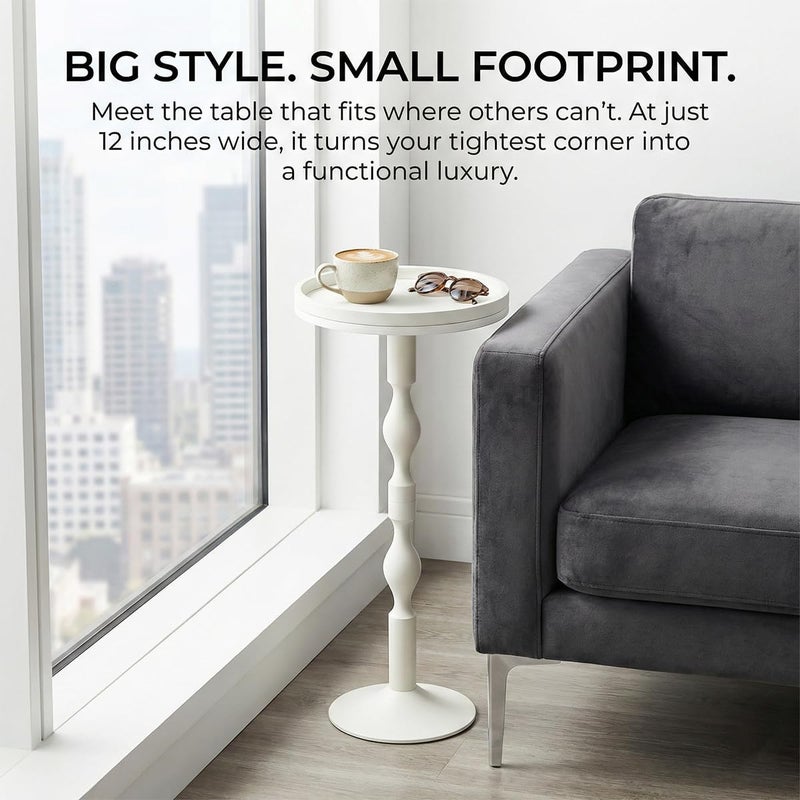 ZEXVIDA Small Round Drink Table,Pedestal Tables,Small Round Side Table for Narrow Spaces,End Table for Living Room, Bedroom, Bathroom,Balcony (White) - Image 2