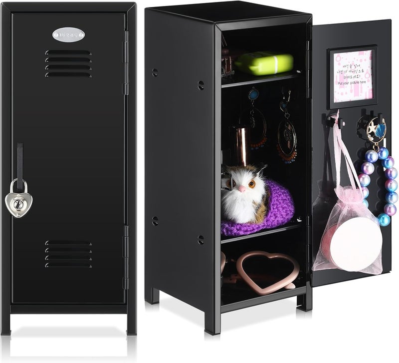 Vercraft 2 Pcs Mini Metal Locker Storage with Lock and 2 Keys 10.8 Inch Small Money Security and Cash Safe Box for Jewelry Back to School Home Office Desktop Container(Black) - Image 1