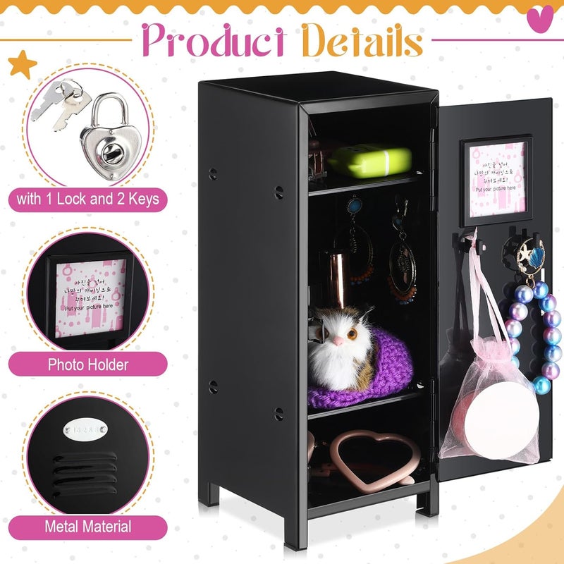 Vercraft 2 Pcs Mini Metal Locker Storage with Lock and 2 Keys 10.8 Inch Small Money Security and Cash Safe Box for Jewelry Back to School Home Office Desktop Container(Black) - Image 4