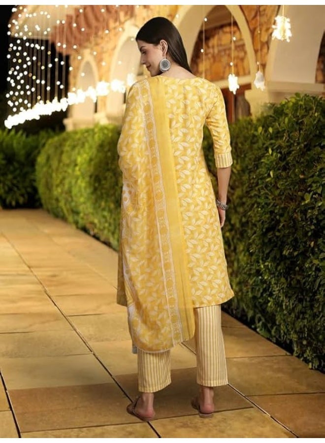 Pinkmint store Women’s Cotton Straight Kurta Set with Pant & Dupatta | Round Neck Printed Ethnic Suit | Suitable for Daily & Festive XL - Image 4