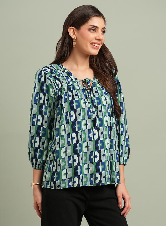Globus Green All Over Print Tie-Up Detail Top - Image 1