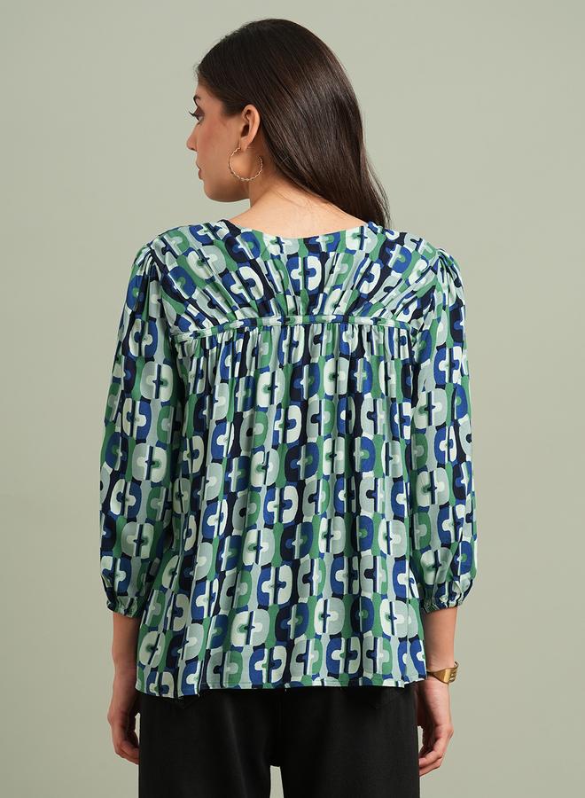 Globus Green All Over Print Tie-Up Detail Top - Image 3