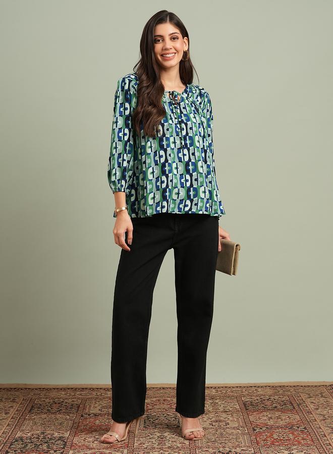Globus Green All Over Print Tie-Up Detail Top - Image 5