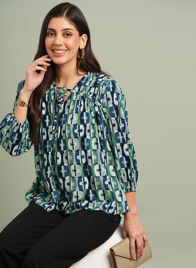 Globus Green All Over Print Tie-Up Detail Top - Image 2