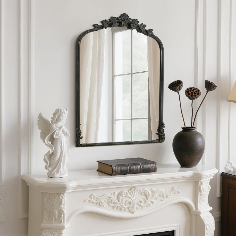 WallBeyond Black Antique Mirror for Vanity 22x30 Inch, Black Vintage Mirror with Ornate Frame, Arched Vintage Wall for Bathroom, Living Room, Fireplace - Image 2