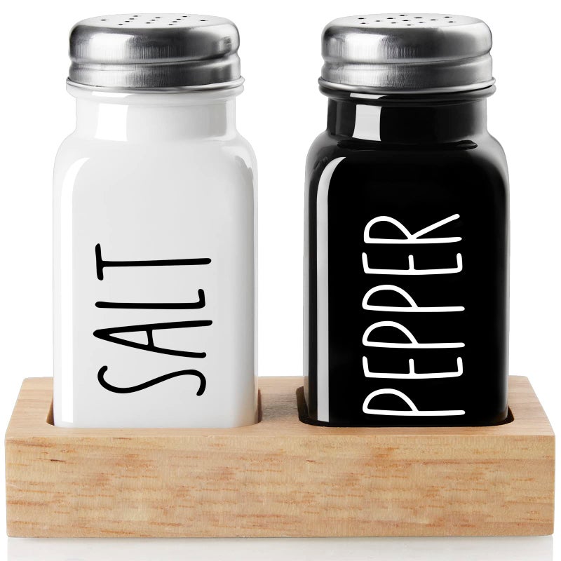 Salt and Pepper Shakers Set with Holder  Dopeca Glass Salt Shaker with Wood Caddy for Kitchen Counter or Table  Black and White Kitchen Decor and Wedding Gifts 27 oz