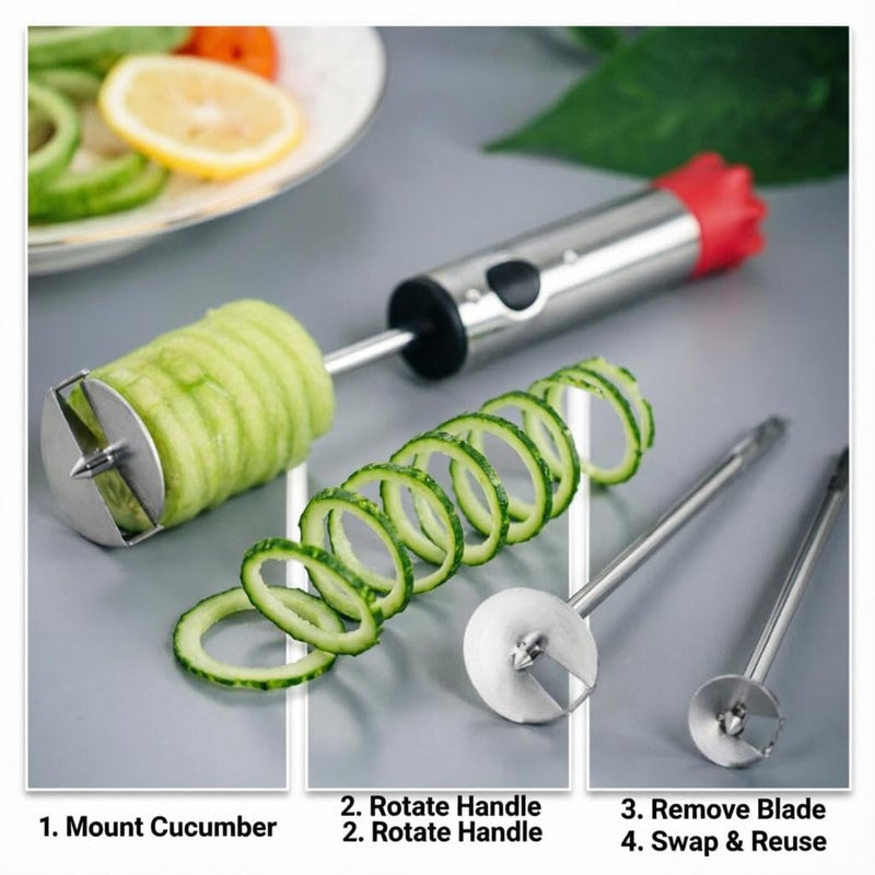 Spiral Slicer - Stainless Steel Vegetable and Fruit Corer Tool Set with 4 Replaceable Heads and Comfortable Red Grip Handle - Image 5
