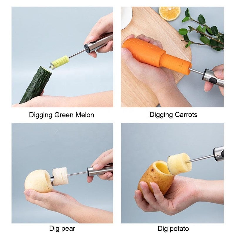Spiral Slicer - Stainless Steel Vegetable and Fruit Corer Tool Set with 4 Replaceable Heads and Comfortable Red Grip Handle - Image 3