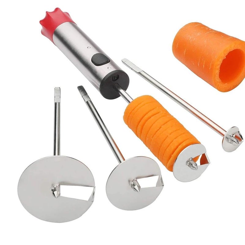 Spiral Slicer - Stainless Steel Vegetable and Fruit Corer Tool Set with 4 Replaceable Heads and Comfortable Red Grip Handle - Image 4