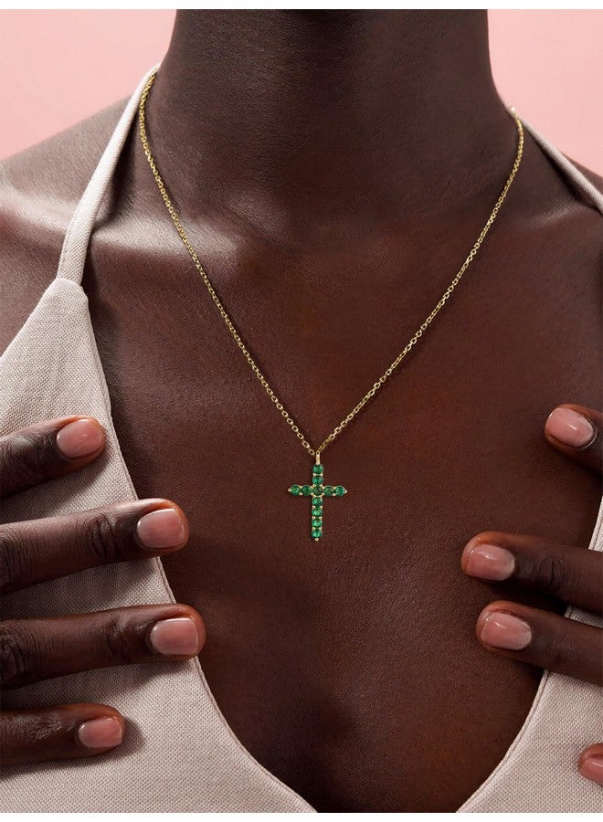 S.Leaf قلادة صليب للنساء من الفضة الإسترلينية مع زركونيا مكعبة قلادة صليب ذهبية قلادة بسيطة ورقيقة هدايا ذكرى سنوية أو عيد ميلاد للنساء (قلادة حجر الميلاد لشهر مايو 05) - Image 3