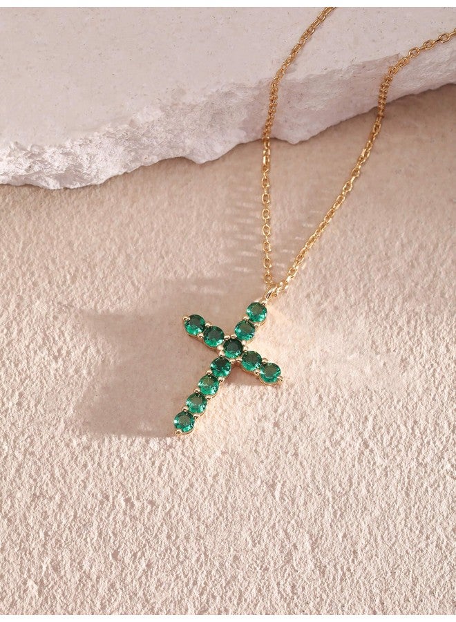 S.Leaf قلادة صليب للنساء من الفضة الإسترلينية مع زركونيا مكعبة قلادة صليب ذهبية قلادة بسيطة ورقيقة هدايا ذكرى سنوية أو عيد ميلاد للنساء (قلادة حجر الميلاد لشهر مايو 05) - Image 4