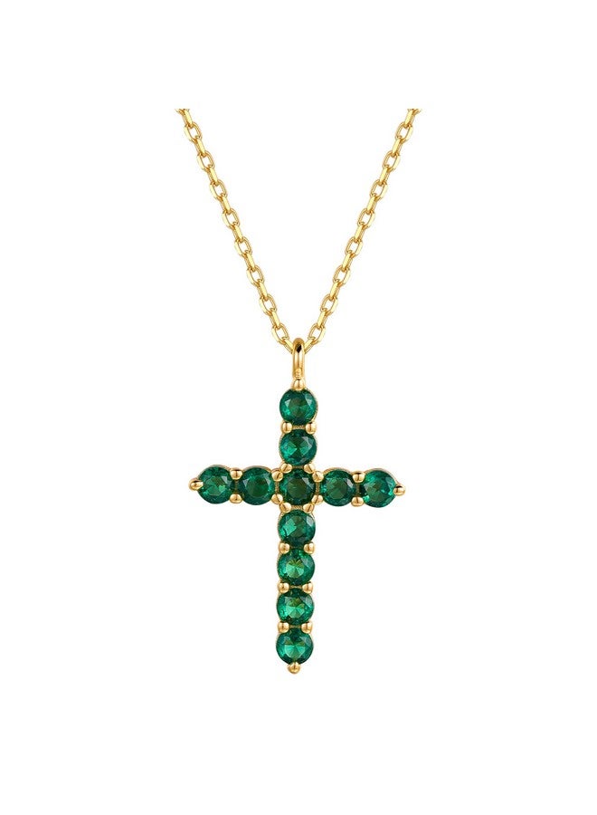 S.Leaf قلادة صليب للنساء من الفضة الإسترلينية مع زركونيا مكعبة قلادة صليب ذهبية قلادة بسيطة ورقيقة هدايا ذكرى سنوية أو عيد ميلاد للنساء (قلادة حجر الميلاد لشهر مايو 05) - Image 1