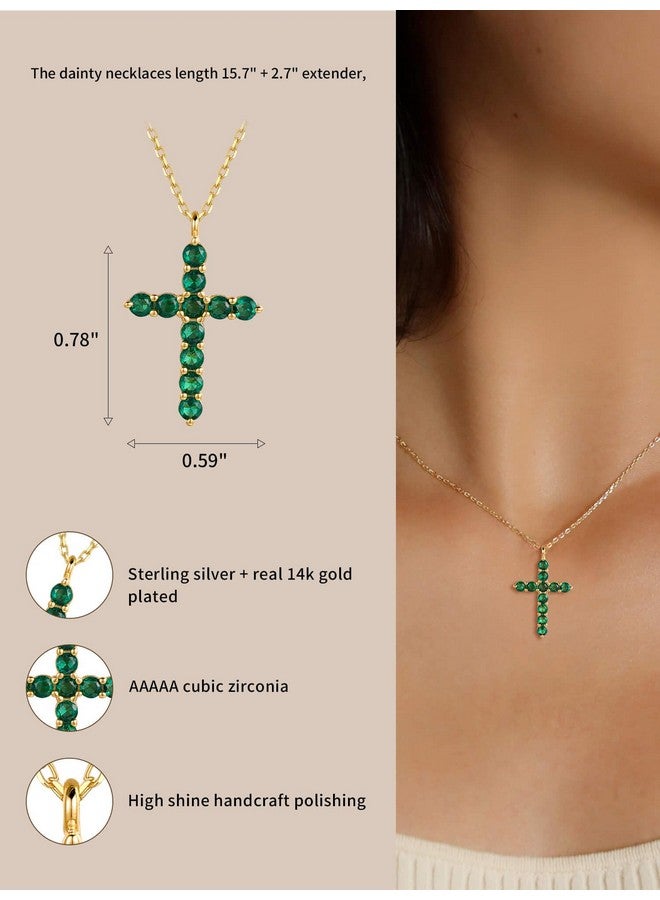 S.Leaf قلادة صليب للنساء من الفضة الإسترلينية مع زركونيا مكعبة قلادة صليب ذهبية قلادة بسيطة ورقيقة هدايا ذكرى سنوية أو عيد ميلاد للنساء (قلادة حجر الميلاد لشهر مايو 05) - Image 5