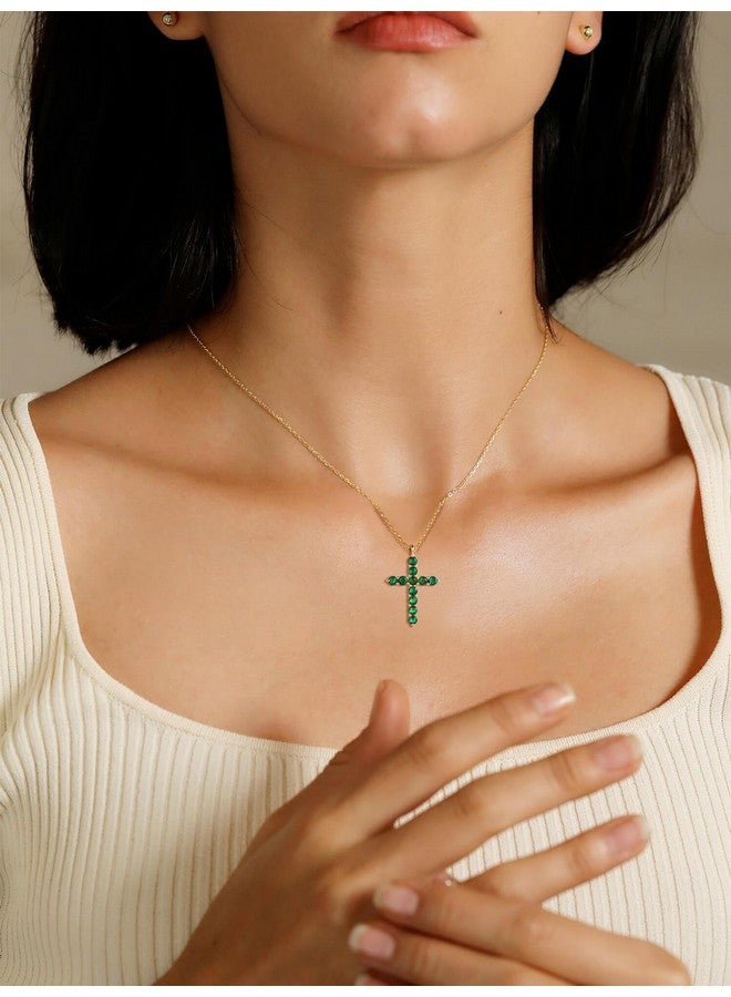 S.Leaf قلادة صليب للنساء من الفضة الإسترلينية مع زركونيا مكعبة قلادة صليب ذهبية قلادة بسيطة ورقيقة هدايا ذكرى سنوية أو عيد ميلاد للنساء (قلادة حجر الميلاد لشهر مايو 05) - Image 2