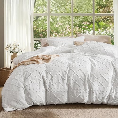 Bedsure Bedsure Boho Duvet Cover Queen Size  Boho Bedding Tufted Queen Duvet Cover for All Seasons 3 Pieces Embroidery Shabby Chic Home BeddingComforter Not Included White 90 x 90 