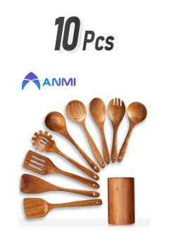 Anmi 10 PCS Natural Wooden Spoons Set, Durable Kitchen Utensils for Cooking & Serving  - Image 1