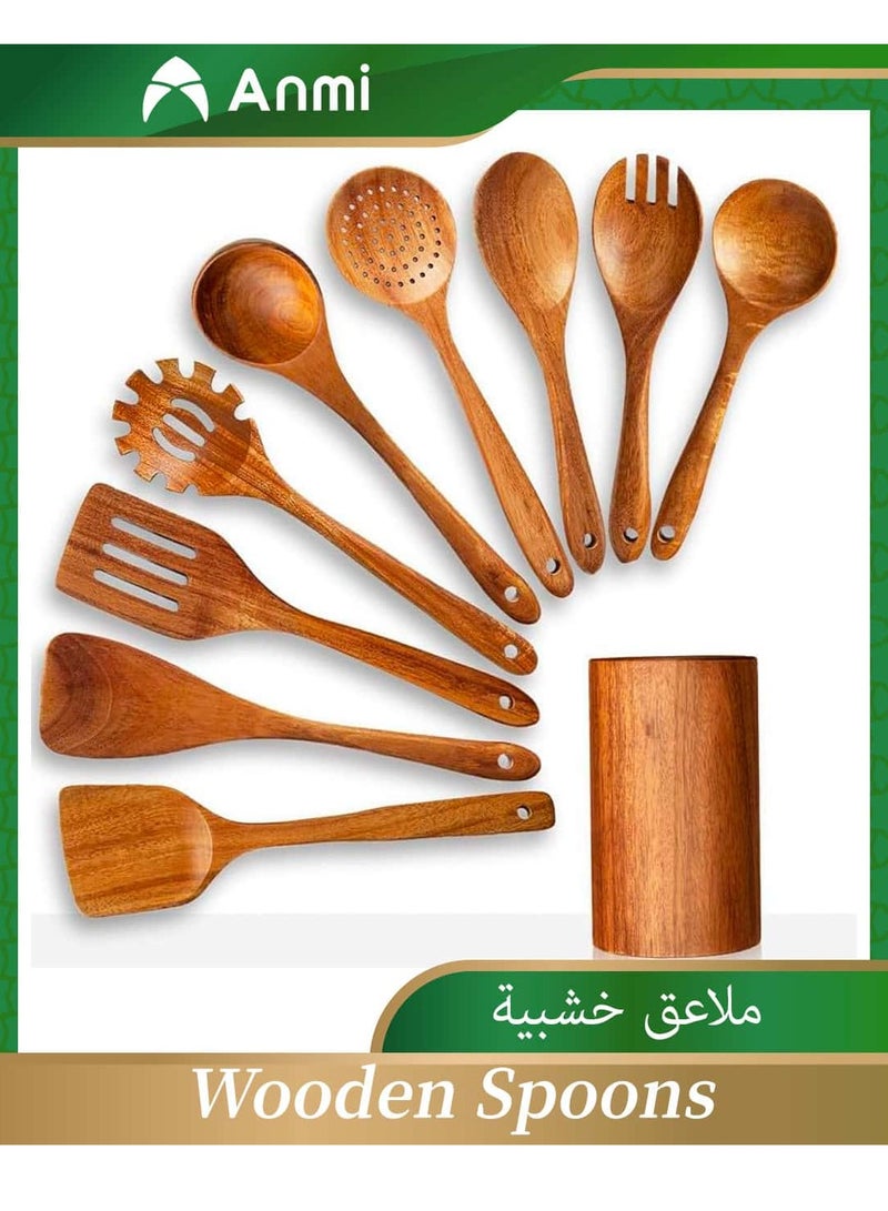 Anmi 10 PCS Wooden Kitchen Utensils Set, Teak Wood Cooking Tools with Spatula Spoons Fork, Premium Quality Bakeware & Cookware - Image 1