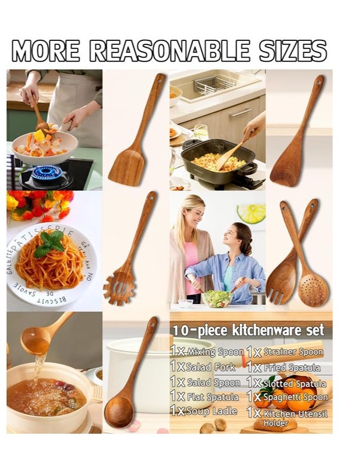 Anmi 10 PCS Wooden Kitchen Utensils Set, Teak Wood Cooking Tools with Spatula Spoons Fork, Premium Quality Bakeware & Cookware - Image 4