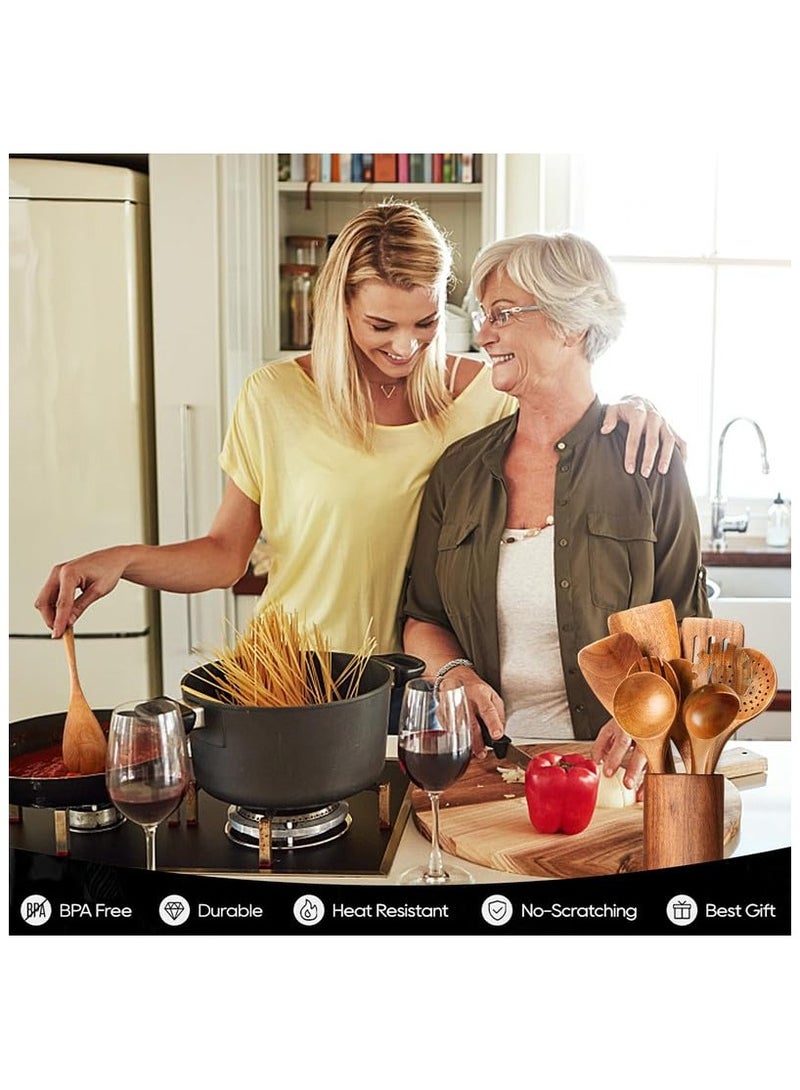 Anmi 10 PCS Wooden Kitchen Utensils Set, Teak Wood Cooking Tools with Spatula Spoons Fork, Premium Quality Bakeware & Cookware - Image 5