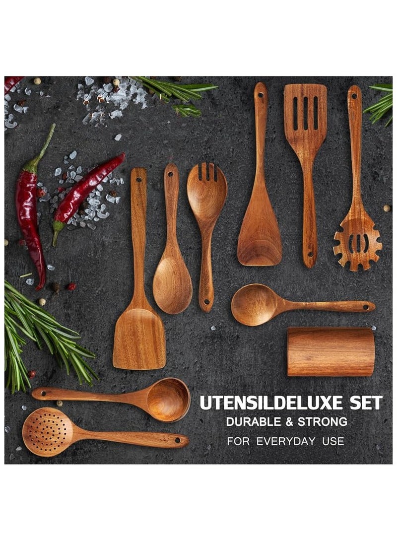 Anmi 10 PCS Wooden Kitchen Utensils Set, Teak Wood Cooking Tools with Spatula Spoons Fork, Premium Quality Bakeware & Cookware - Image 2