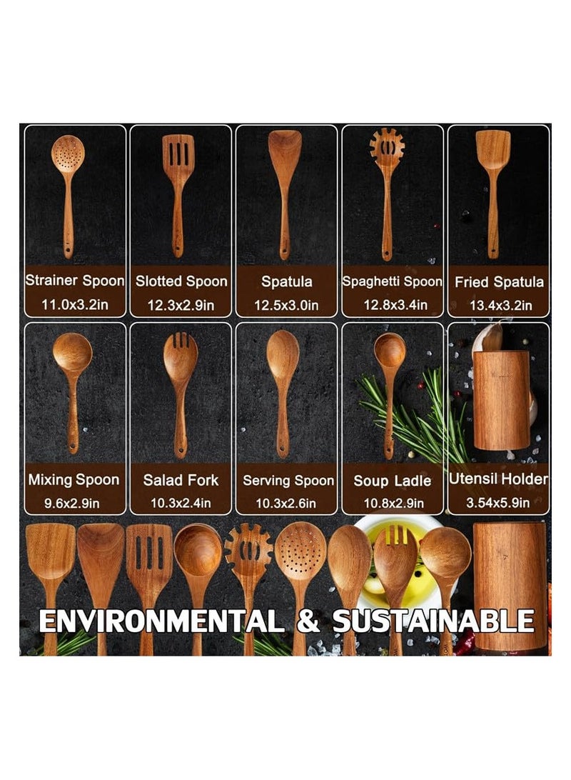 Anmi 10 PCS Wooden Kitchen Utensils Set, Teak Wood Cooking Tools with Spatula Spoons Fork, Premium Quality Bakeware & Cookware - Image 3