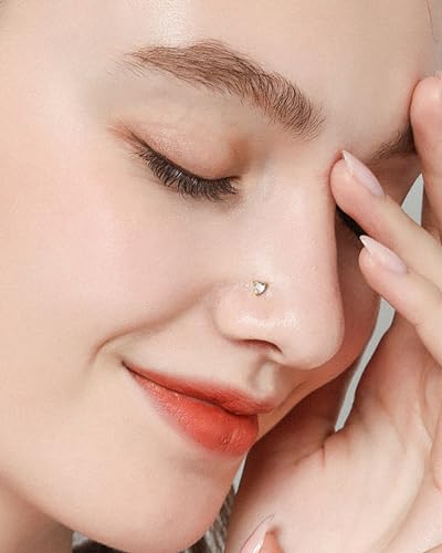 COCHARM 14K Solid Gold Heart Nose Stud 20g Yellow Gold Nose Bone 14K Real Gold Straight Nose Pin 14K Gold Nose Ring Stud 14Kt Sparkling CZ 7mm Nose Piercing For Women - Image 2