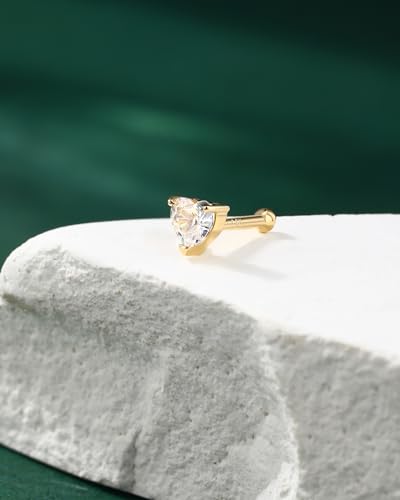 COCHARM 14K Solid Gold Heart Nose Stud 20g Yellow Gold Nose Bone 14K Real Gold Straight Nose Pin 14K Gold Nose Ring Stud 14Kt Sparkling CZ 7mm Nose Piercing For Women - Image 5