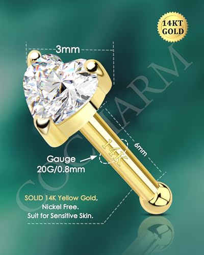 COCHARM 14K Solid Gold Heart Nose Stud 20g Yellow Gold Nose Bone 14K Real Gold Straight Nose Pin 14K Gold Nose Ring Stud 14Kt Sparkling CZ 7mm Nose Piercing For Women - Image 3