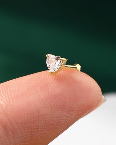 COCHARM 14K Solid Gold Heart Nose Stud 20g Yellow Gold Nose Bone 14K Real Gold Straight Nose Pin 14K Gold Nose Ring Stud 14Kt Sparkling CZ 7mm Nose Piercing For Women - Image 4