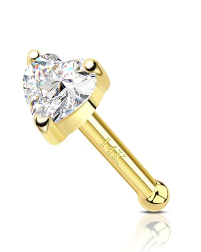 COCHARM 14K Solid Gold Heart Nose Stud 20g Yellow Gold Nose Bone 14K Real Gold Straight Nose Pin 14K Gold Nose Ring Stud 14Kt Sparkling CZ 7mm Nose Piercing For Women - Image 1