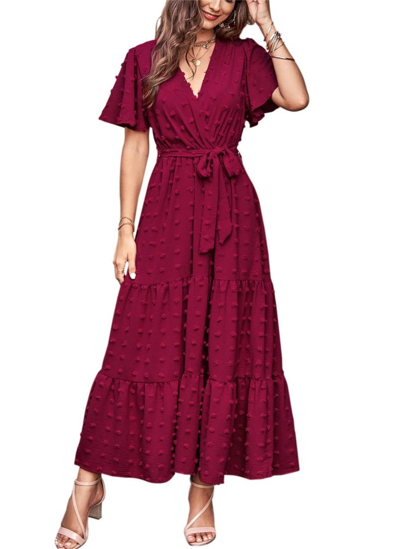 MASCOMODA Womens Boho Swiss Dot Maxi Dresses Wrap V Neck Flutter Short Sleeve Solid Tie Belt A Line Tiered Flowy Long Dress(Wine Red,Medium) - Image 1