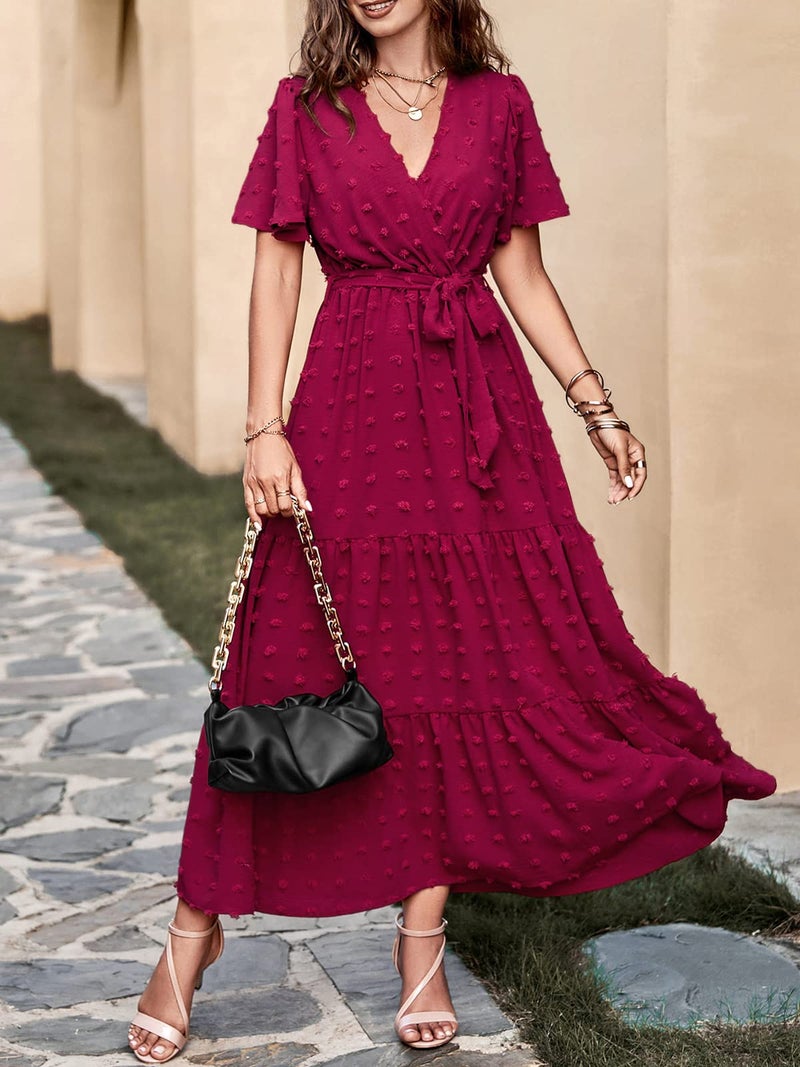 MASCOMODA Womens Boho Swiss Dot Maxi Dresses Wrap V Neck Flutter Short Sleeve Solid Tie Belt A Line Tiered Flowy Long Dress(Wine Red,Medium) - Image 4