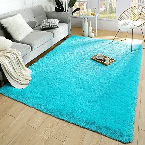 Merelax Soft Modern Indoor Large Shaggy Rug for Bedroom Livingroom Dorm Kids Room Home Decorative NonSlip Plush Fluffy Furry Fur Area Rugs Comfy Nursery Accent Floor Carpet 5x8 Feet Teal Blue