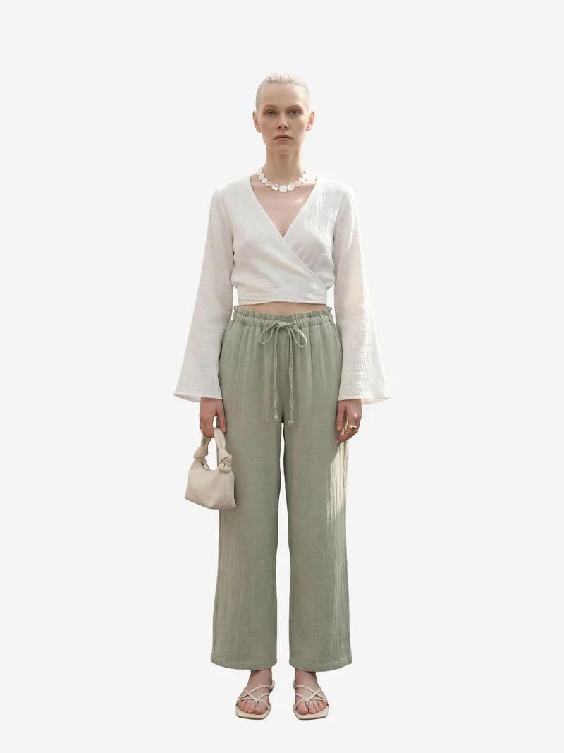 MY FASHION Sage Green MY FASHION Elastic Waist Straight Leg Pants for Women | Best Price UAE