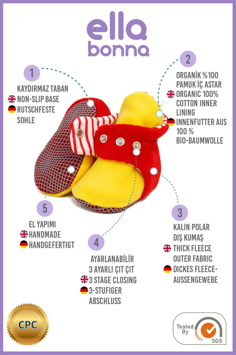 Ella Bonna Polar Baby Slippers, Non-Slip Sole, Organic Cotton Lined, First Step Home Slippers, Yellow Red Fan  - Image 4