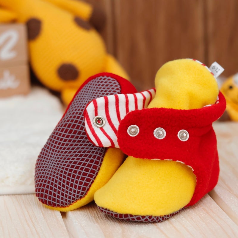 Ella Bonna Polar Baby Slippers, Non-Slip Sole, Organic Cotton Lined, First Step Home Slippers, Yellow Red Fan  - Image 3