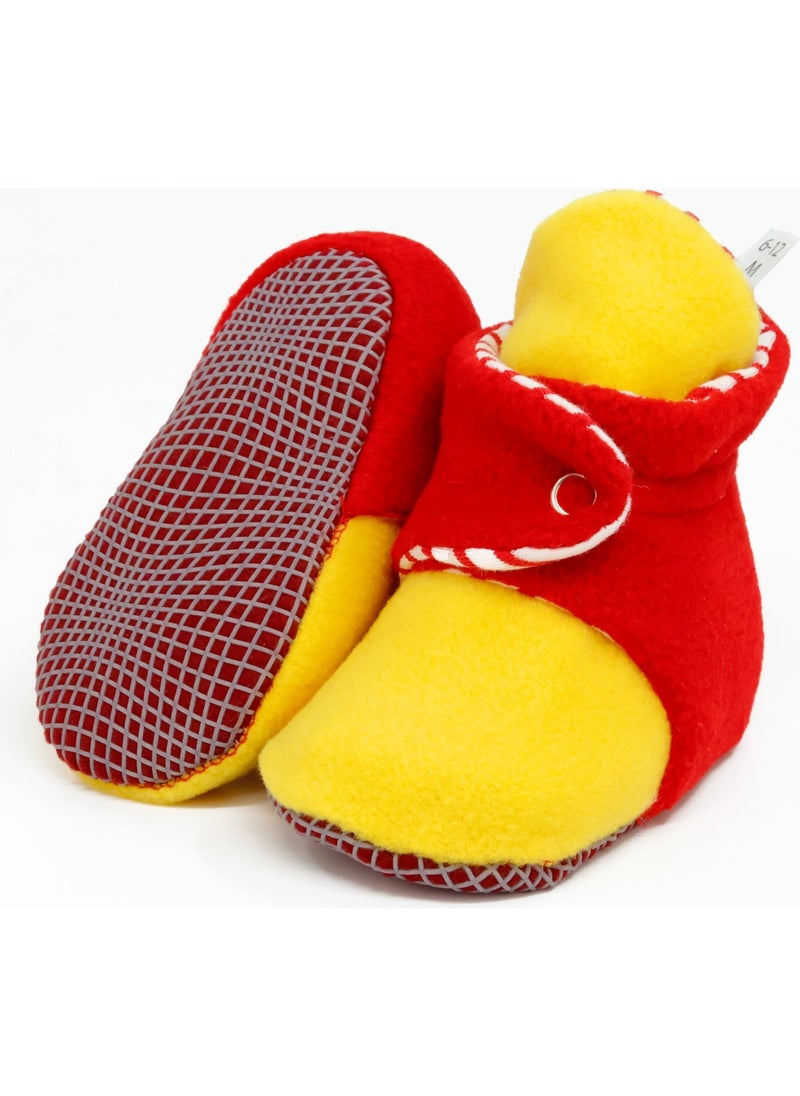 Ella Bonna Polar Baby Slippers, Non-Slip Sole, Organic Cotton Lined, First Step Home Slippers, Yellow Red Fan  - Image 2