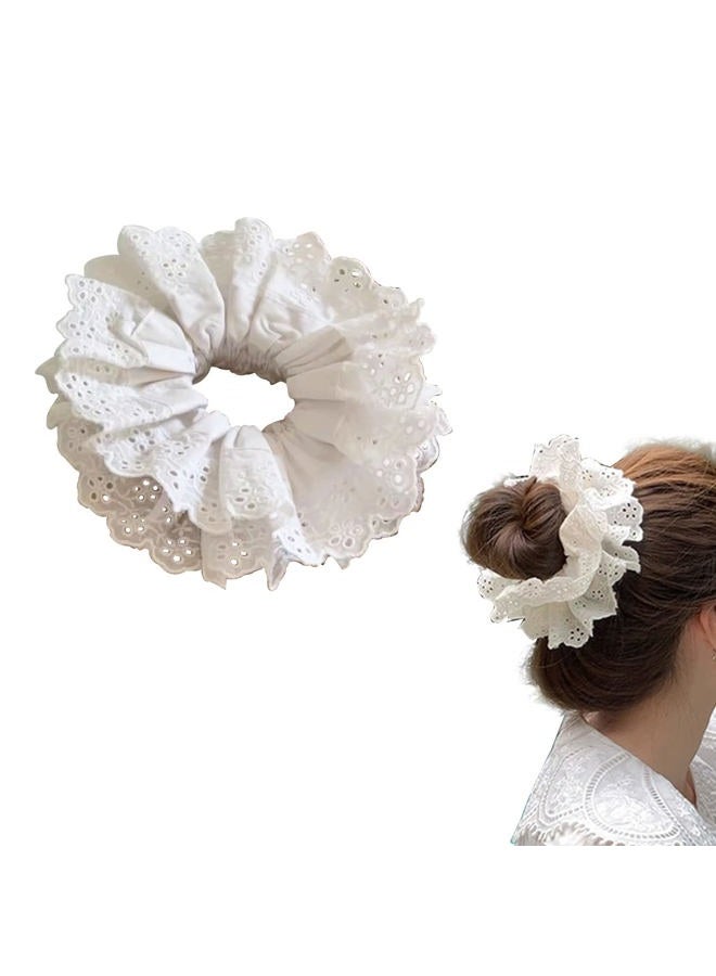 AEGYPIUS Hair Ties for Women Hair Scrunchies Girls 1 Piece Set White Lace Design Premium Fabric Ponytail Holder Hair Tie (White) - Image 1