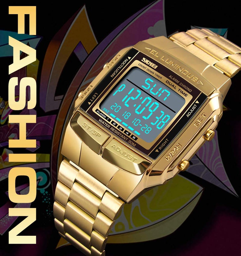 FANMIS Mens Luxury Digital Watches Multifunctional Stopwatch Countdown Alarm Backlight Water Resistant Watch (Gold) - Image 1