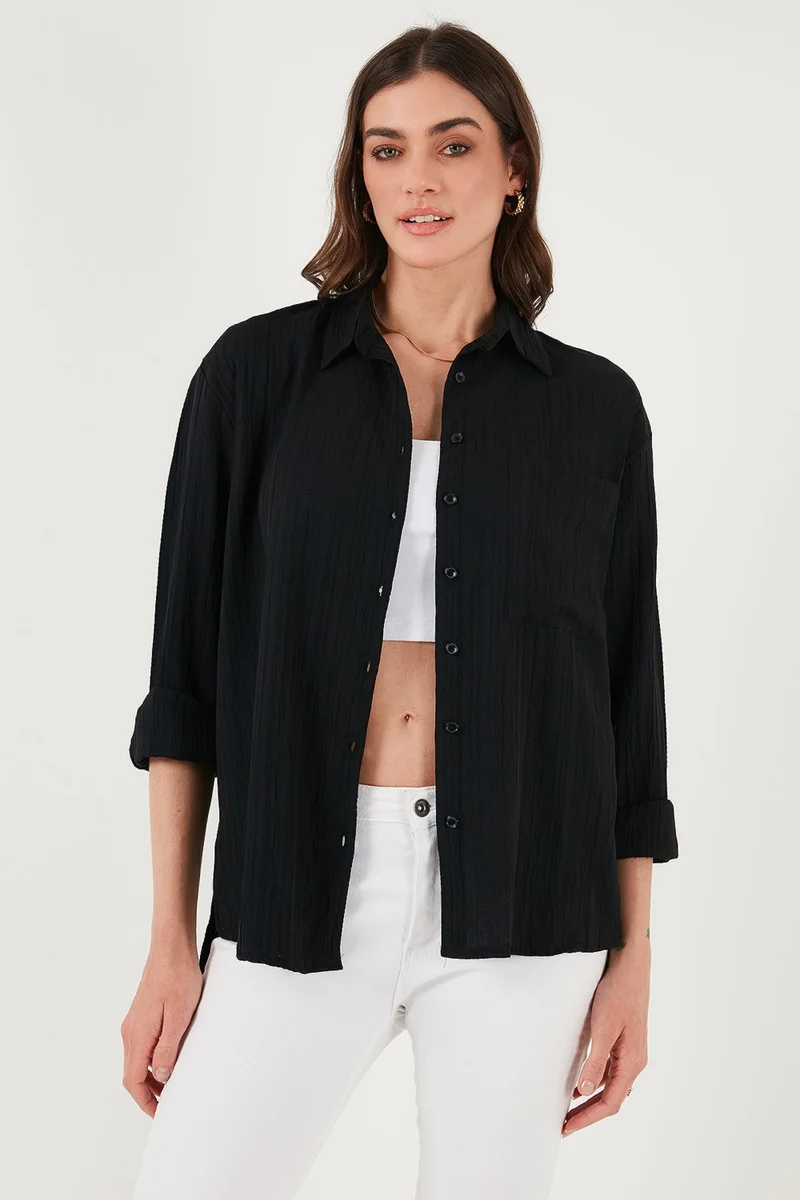 Lela Regular Fit Single Pocket Short Front Long Back Crinkle Shirt Women's Shirt 6772752