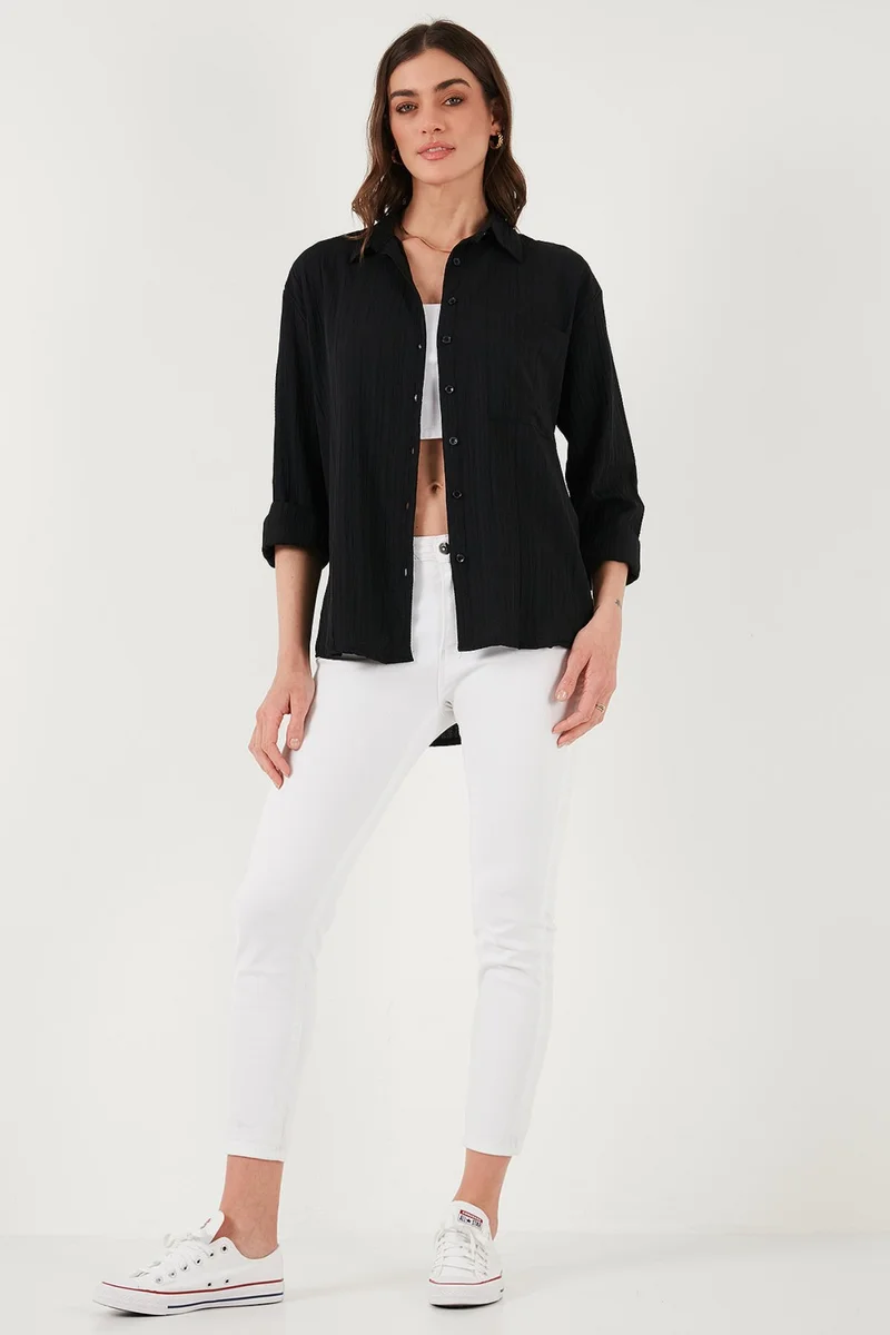 Lela Regular Fit Single Pocket Short Front Long Back Crinkle Shirt Women's Shirt 6772752