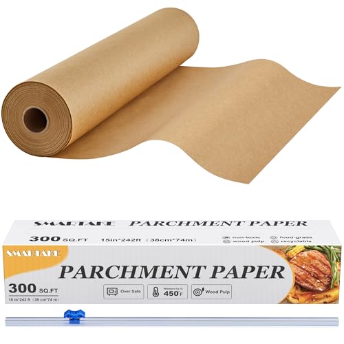 SMARTAKE Parchment Paper Roll for Baking 15 in x 242 ft 300 sqft NonStick Baking Paper Sheets with Slide Cutter Heavy Duty Extra Long for Kitchen Baking Cooking Grilling Steaming Unbleached
