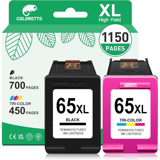 COLORETTO 65XL Remanufactured Printer Ink Cartridge Replacement for 65 XL N9K04AN to use with Envy 5055 5052 5058 DeskJet 3755 2655 3720 3722 3723 3752 High Yield (1 Black, 1 Color) Combo Pack